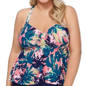 Raisins Curve Tankini Top 14W 14 Blue Pink Palm Tropical Print NWT Plus Swimwear